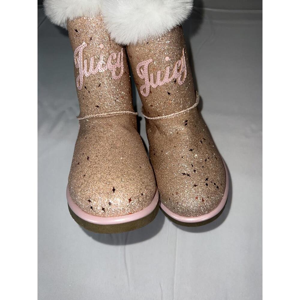 Juicy Couture Kids Glittery Pink Boots with White Faux Fur Trim Size 3